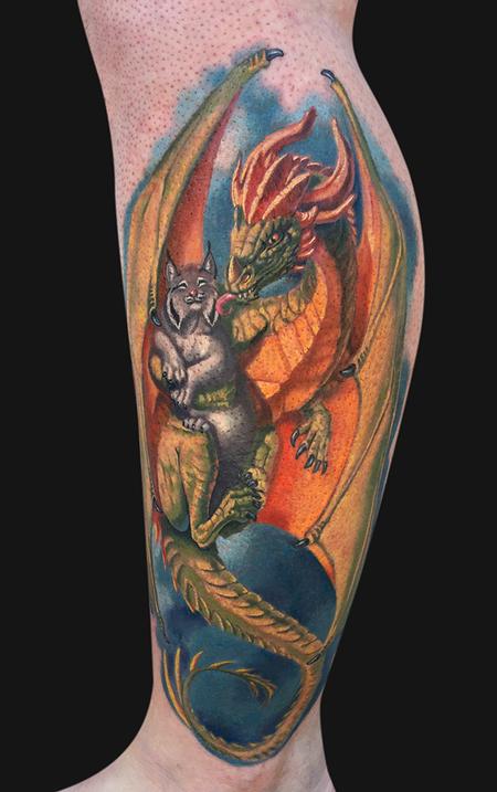 Dragon and Lynx Leg Tattoo Design Thumbnail