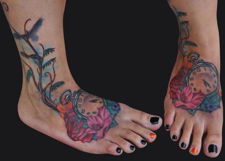 Tattoos - Pocket watch and flowers tattoo - 70438