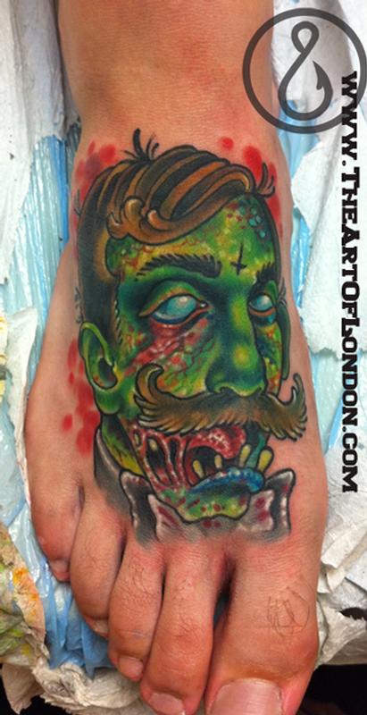 Dapper Victorian gentleman zombie tattoo on foot Mike is metal