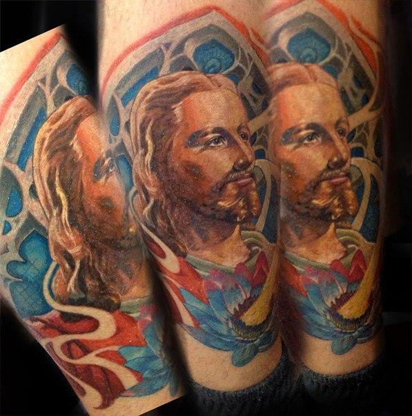 Jesus leg tattoo by Micle Andersson TattooNOW