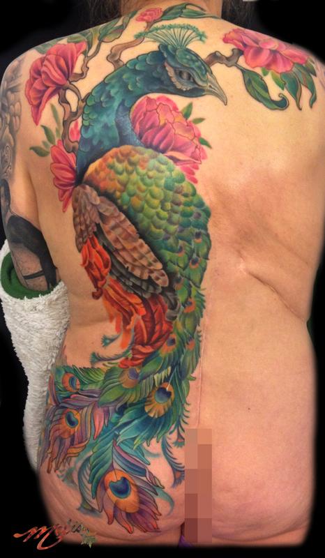 Venetian Tattoo Gathering : Tattoos : Flower Asian Pear Blossom : Peacock half  back to front upper thigh