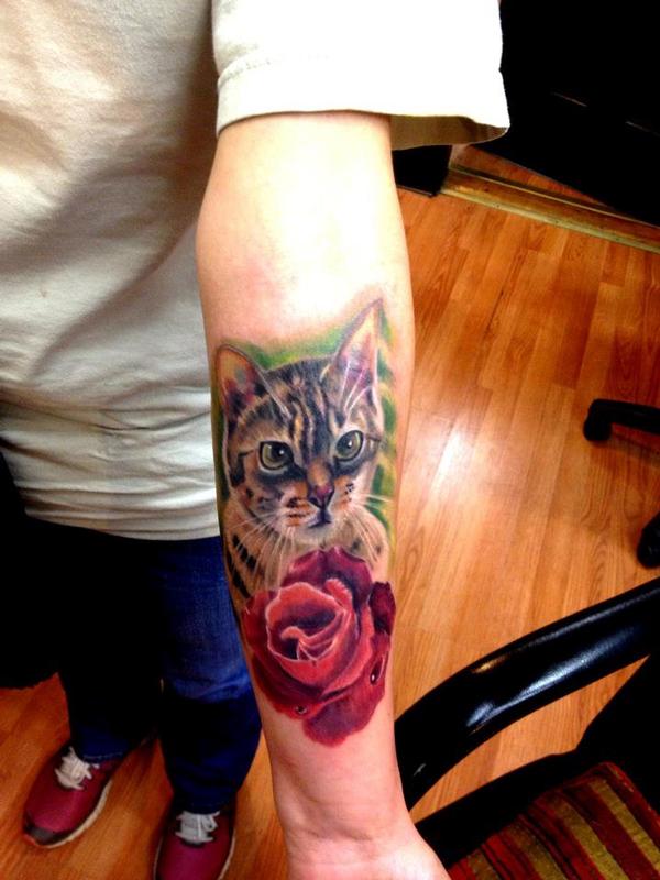 cat memorial color portrair tattoo by Cesar Perez Tattoos TattooNOW