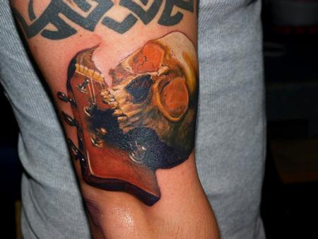 Cesar Perez Tattoos - colr skull guitar tattoo