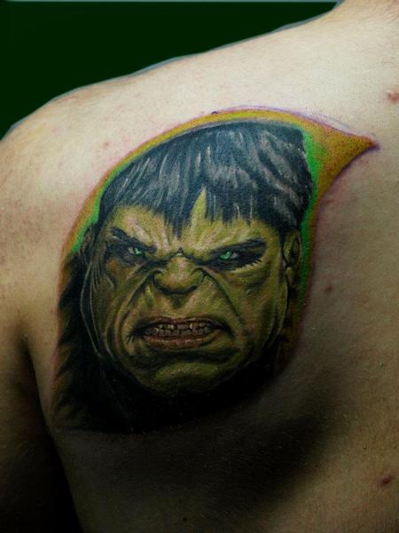 Cesar Perez Tattoos -  unfinish hulk color portrait tattoo 