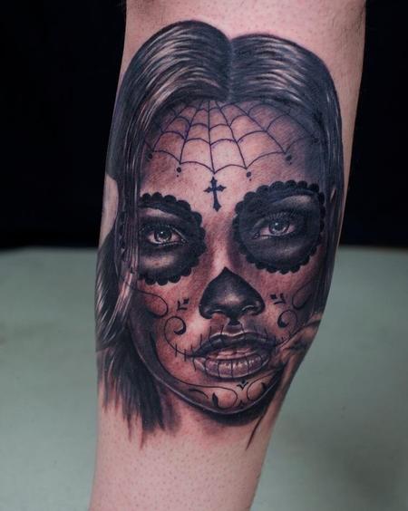 Ryan El Dugi Lewis : Tattoos : Half-Sleeve : Clock Skull Rose Girl