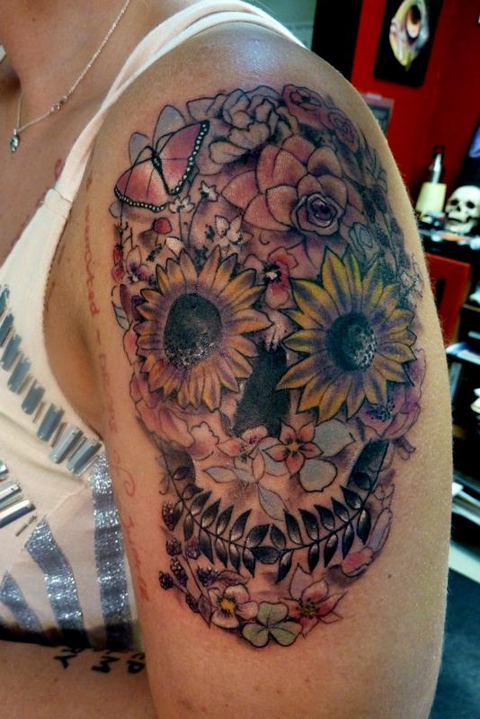 Day of the Dead skull with flowers by Mully : Tattoos