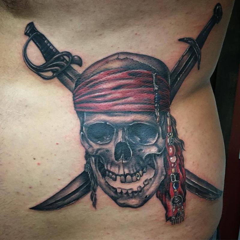 Realistic Pirate Skull in Black and Gray by Yarda Tattoos