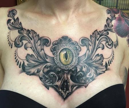 Yarda - victorian chest piece in black and grey with skull and eye