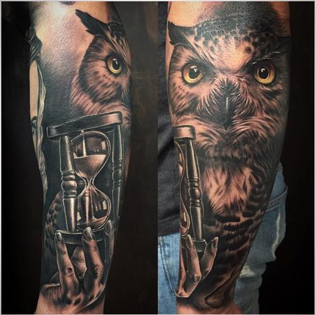 Tattoos - Realistic Owl and Sand Clock in Black and Gray - 126061