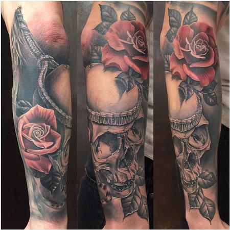 Tattoos - Realistic Muai Thai Skull and Rose in Black and Gray - 126169