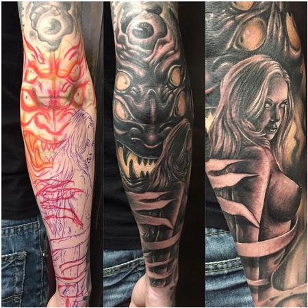 Tattoos - Realistic Woman and Demon in Black and Gray - 126301