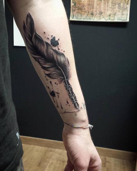 Tattoos - Writing Feather with Ink in Blackwork - 126450