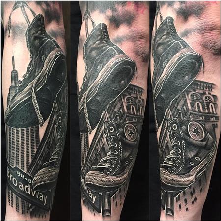 Tattoos - Realistic Trainers and Buildings in Black and Gray - 126853