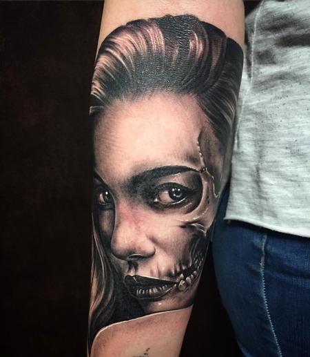 Tattoos - Realistic Girl Portrait with Skull Features Black and Gray - 127535