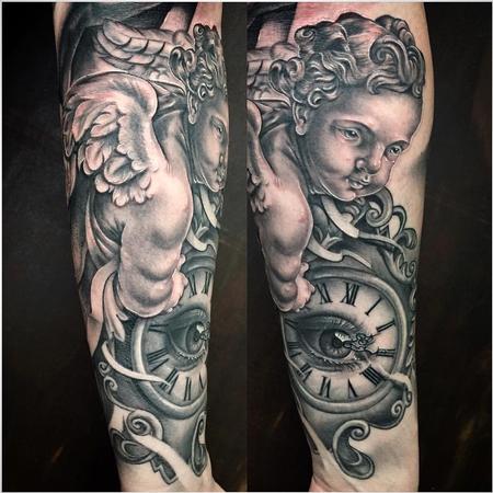 Tattoos - Realistic Cherub Angel with Clock in Black and Gray - 127999