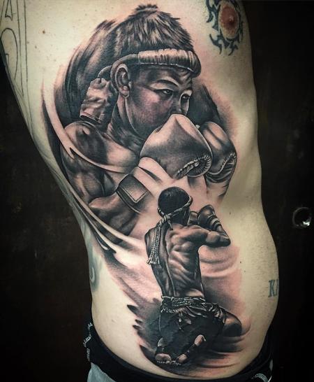 Tattoos - Realistic Muay-Thai Fighter in Black and Gray - 128250