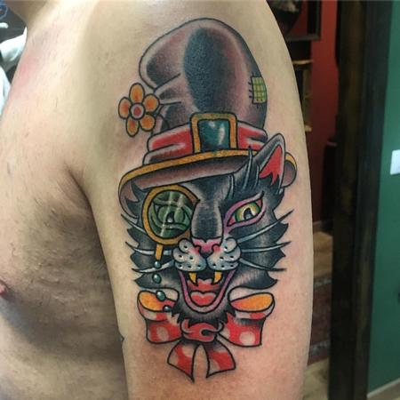 Tattoos - Gato con Sombrero y Monculo Estilo Tradicional a Color - 128190