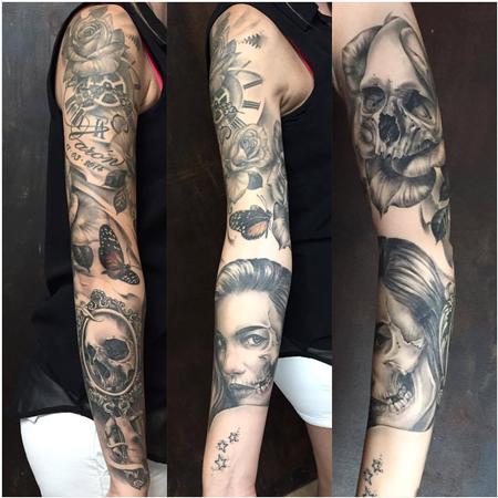 Tattoos - Realistic Full Sleeve with Portrait of Woman, Mirror, Skull, Clock and Butterfly in Black and Gray - 129021