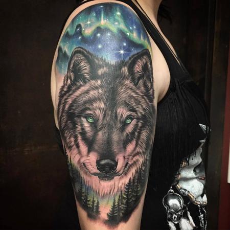 Tattoos - Realistic Wolf with Nature Details in Color - 128921