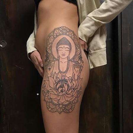 Tattoos - Blackwork Buddha and Lotus Flower - 129719