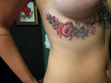 Tattoos - Underboob Tattoo with Flowers in Color - 130067