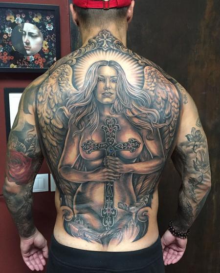 Tattoos - Angel With Cross Backpiece in Black and Gray - 130199