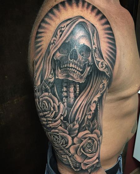 Tattoos - Santa Muerte and Roses in Black and Gray - 130263