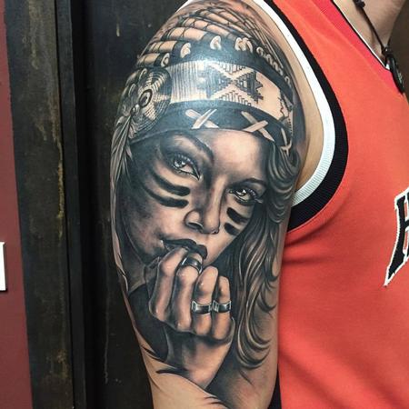 Tattoos - Realistic Native American Woman in Black and Gray - 130457