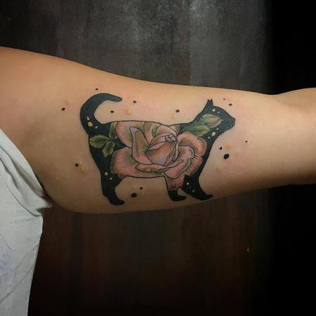 Tattoos - Black Cat with Rose in Color - 130709