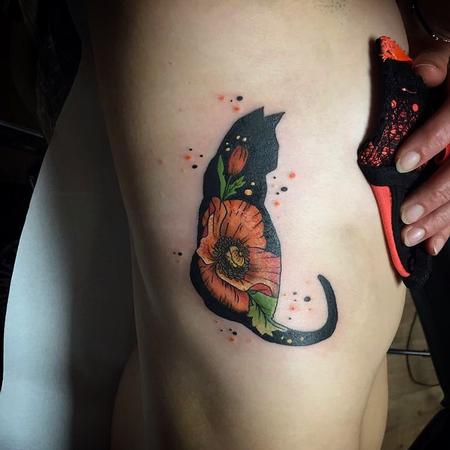 Tattoos - Black Cat with Poppy in Color - 130853