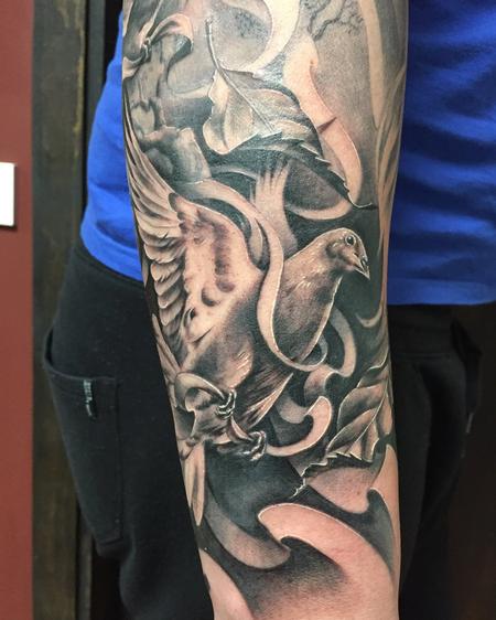 Tattoos - Realistic Doves and Leaves in Black and Gray - 131270