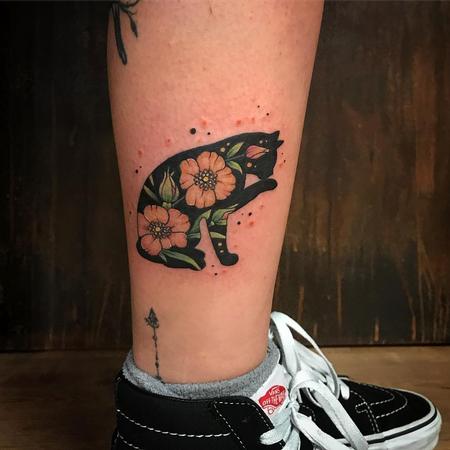 Tattoos - Black Cat with Flowers in Color - 131442