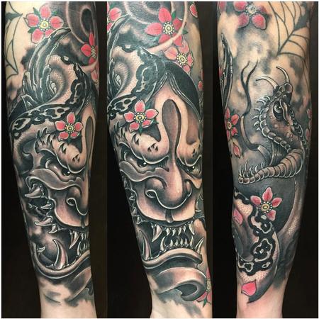 Tattoos - Hannya Mask and Snake in Black and Gray with Flowers in Color - 131512