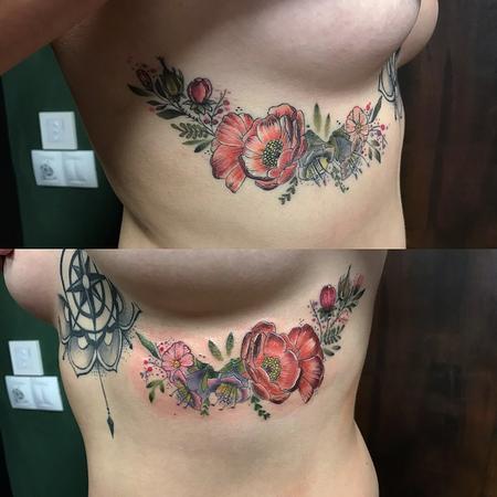 Tattoos - Underboob Tattoo with Flowers in Color and Wind Rose - 131514