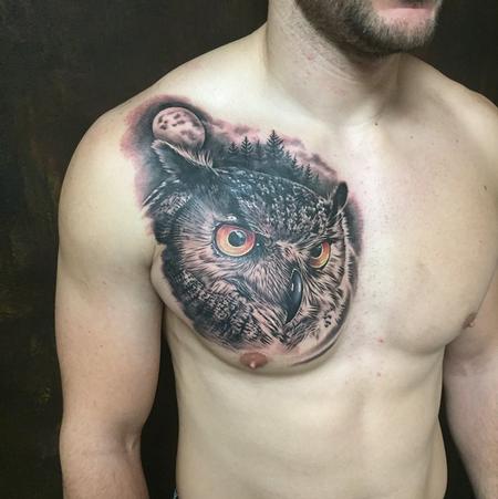 Tattoos - Realistic Owl with Forest and Moon in Black and Gray - 131531