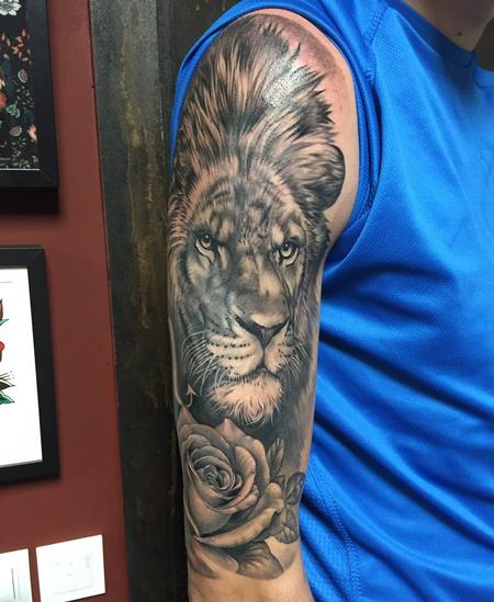 Tattoos - Realistic Lion with Rose in Black and Gray - 131561