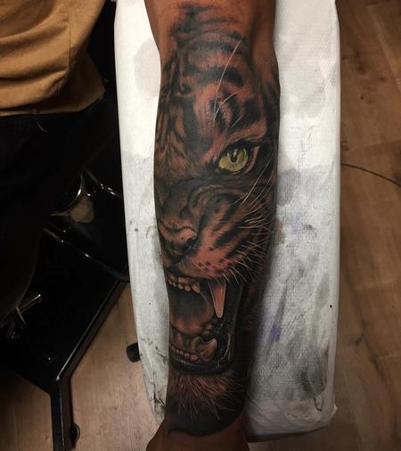 Tattoos - Realisic Tiger Half-Face in Black and Gray - 131565