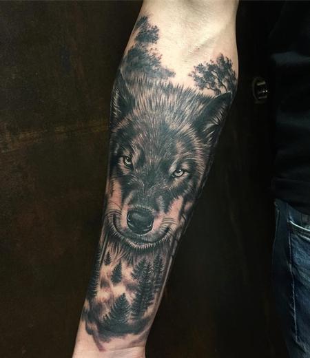 Tattoos - Realistic Wolf and Forest in Black and Gray - 131756