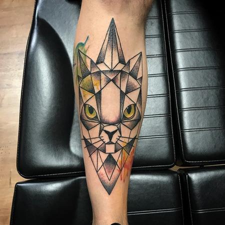 Tattoos - Geometric Cat with Color and Dotwork Shading - 131812