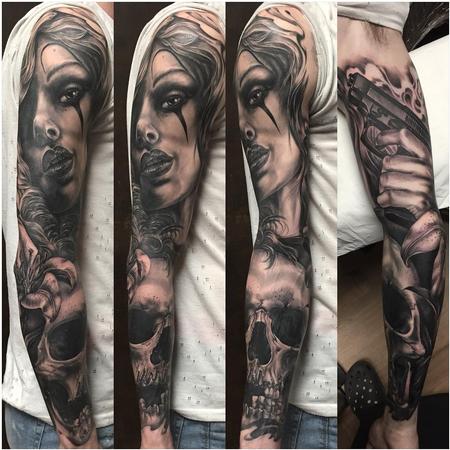 Tattoos - Full sleeve black and grey woman face,skull, gun - 132155