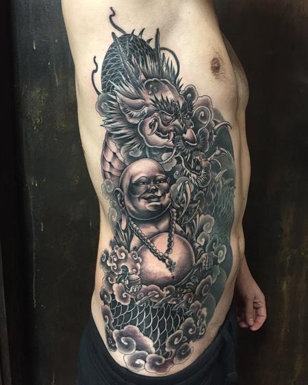 Tattoos - Dragon and buddha black and grey - 132441