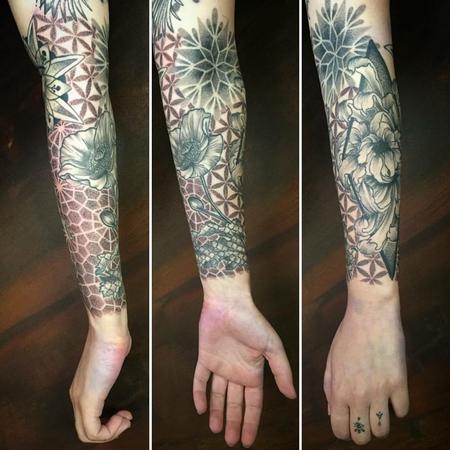 Tattoos - Sleeve with Geometric Elements and Flowers in Dotwork - 128495