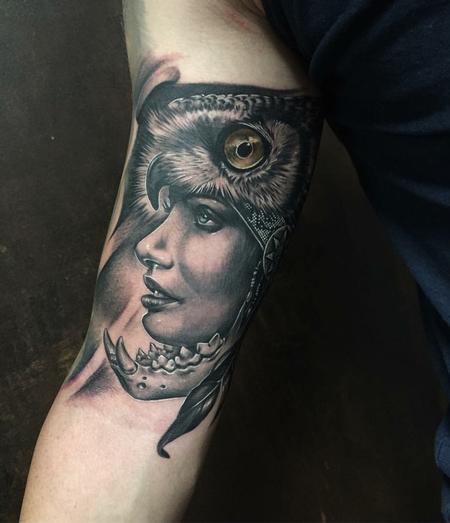 Tattoos - Realistic Tribal Woman with Owl Head in Black and Gray - 128562