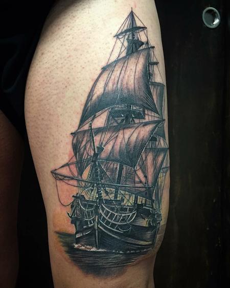 Tattoos - Realistic Sail Ship in Black and Gray - 128651