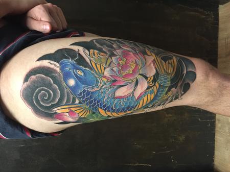 Tattoos - Japanese Koi Fish in Color with Flowers and Background - 129878