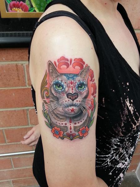 Nate Beavers - sugar skull cat portrait tattoo