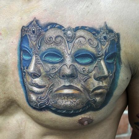 Tattoos - three headed Venetian mask color portrait - 91692