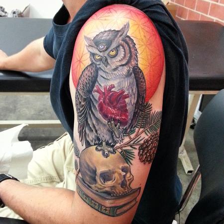 Nate Beavers - color traditional owl with realistic skull and heart