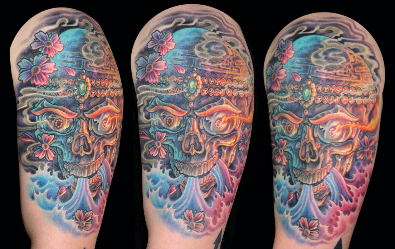 Venetian Tattoo Gathering : Tattoos : Half-Sleeve : Colorful Tibetan Skull