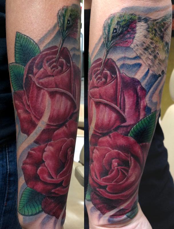 Hummingbird and Roses by Bart Andrews Tattoos